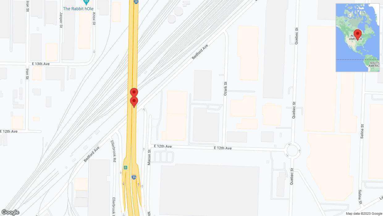 A detailed map that shows the affected road due to 'Broken down vehicle on northbound I-29/I-35 in North Kansas City' on November 18th at 2:58 p.m.