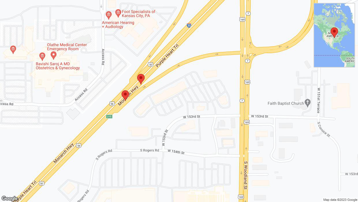 A detailed map that shows the affected road due to 'Broken down vehicle on eastbound I-35 in Olathe' on November 18th at 3:52 p.m.