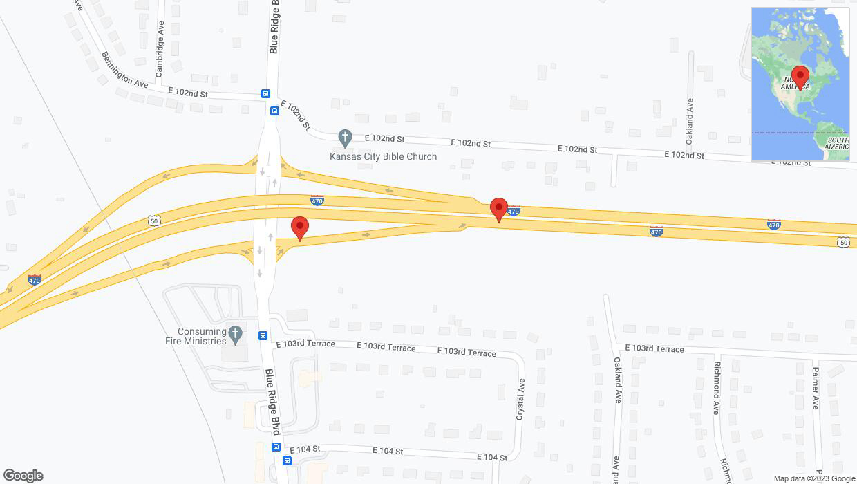 A detailed map that shows the affected road due to 'Broken down vehicle on Blue Ridge Boulevard in Kansas City' on November 18th at 8:17 p.m.