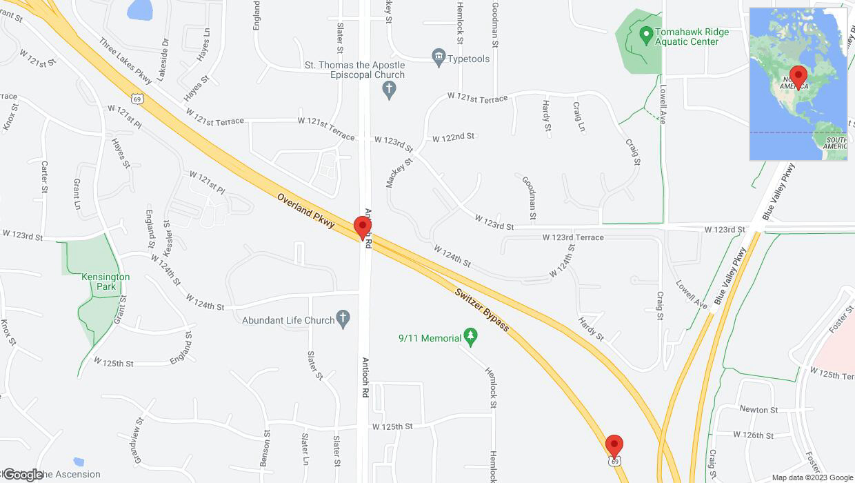 A detailed map that shows the affected road due to 'Lane on US-69 closed in Overland Park' on November 18th at 4:52 p.m.