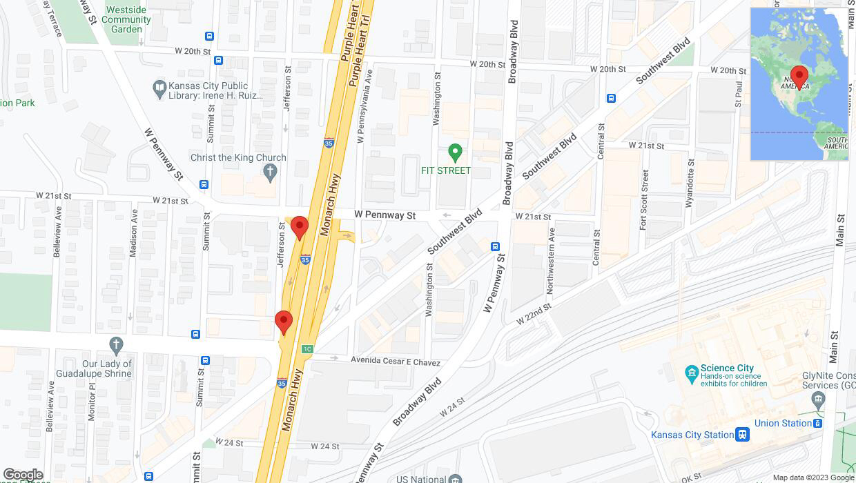 A detailed map that shows the affected road due to 'Broken down vehicle on Jefferson Street in Kansas City' on November 18th at 8:35 p.m.