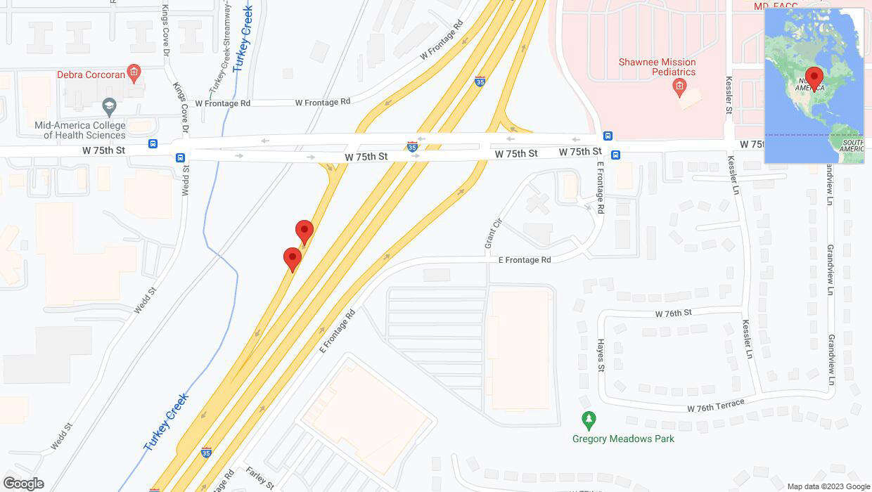 A detailed map that shows the affected road due to 'Broken down vehicle on East Frontage Road in Overland Park' on November 19th at 12:41 p.m.