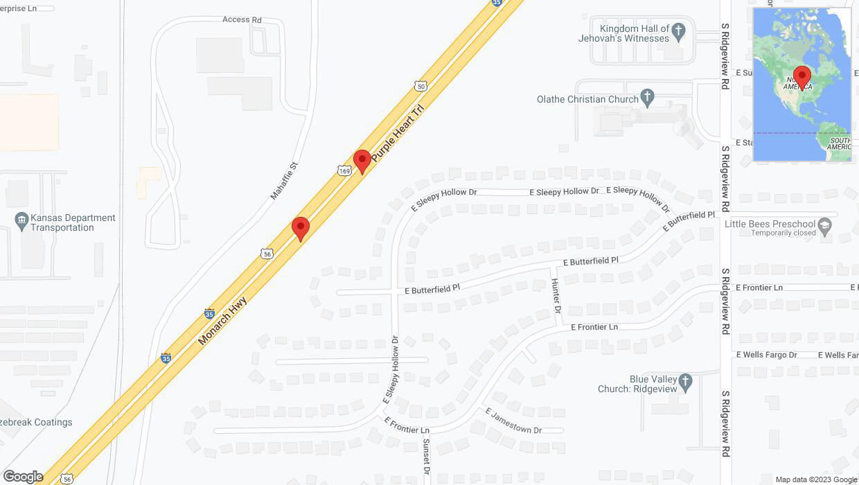 A detailed map that shows the affected road due to 'Crash reported on eastbound I-35 in Olathe' on November 19th at 1:53 p.m.