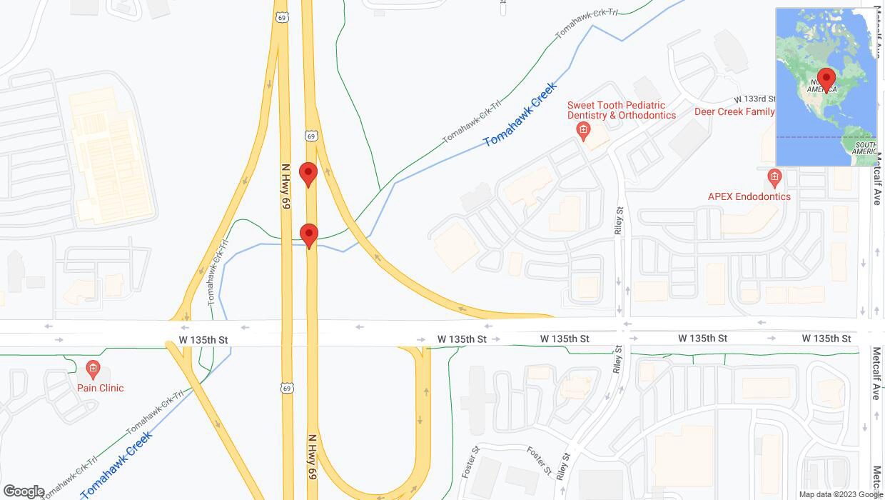 A detailed map that shows the affected road due to 'Warning in Overland Park: Crash reported on northbound US-69' on November 19th at 1:47 p.m.