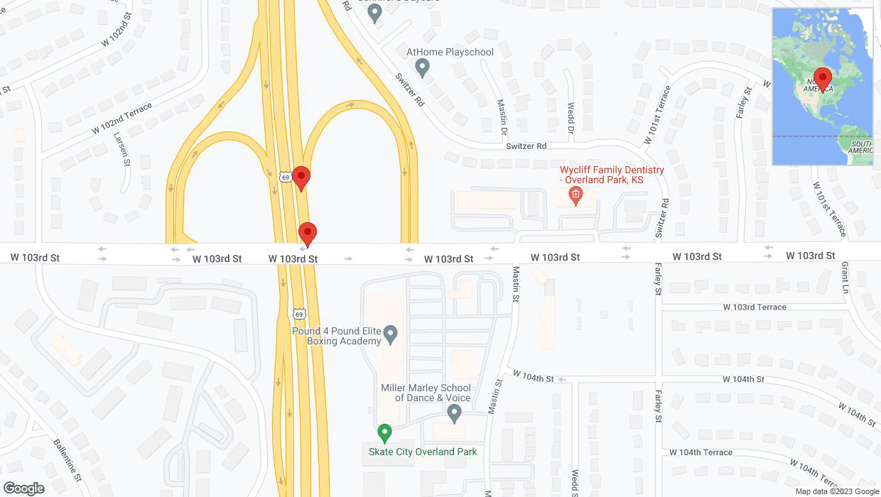 A detailed map that shows the affected road due to 'Broken down vehicle on northbound US-69 in Overland Park' on November 19th at 4:47 p.m.