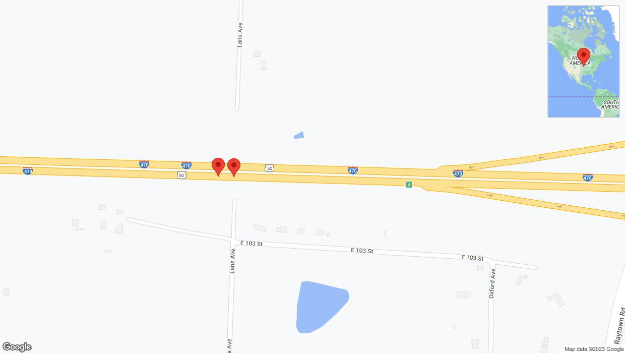 A detailed map that shows the affected road due to 'Broken down vehicle on eastbound I-470 in Kansas City' on November 19th at 5:29 p.m.