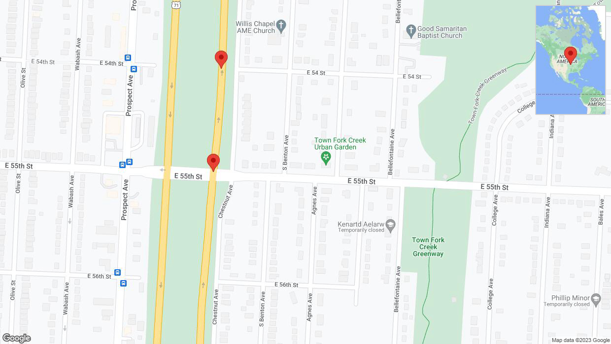 A detailed map that shows the affected road due to 'Broken down vehicle on northbound the Bruce R Watkins Expressway/US-71 in Kansas City' on November 19th at 5:53 p.m.
