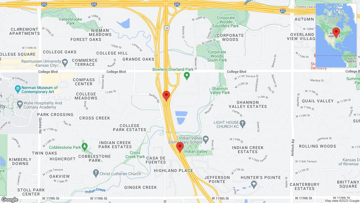 A detailed map that shows the affected road due to 'Lane on US-69 closed in Overland Park' on November 20th at 9:50 p.m.