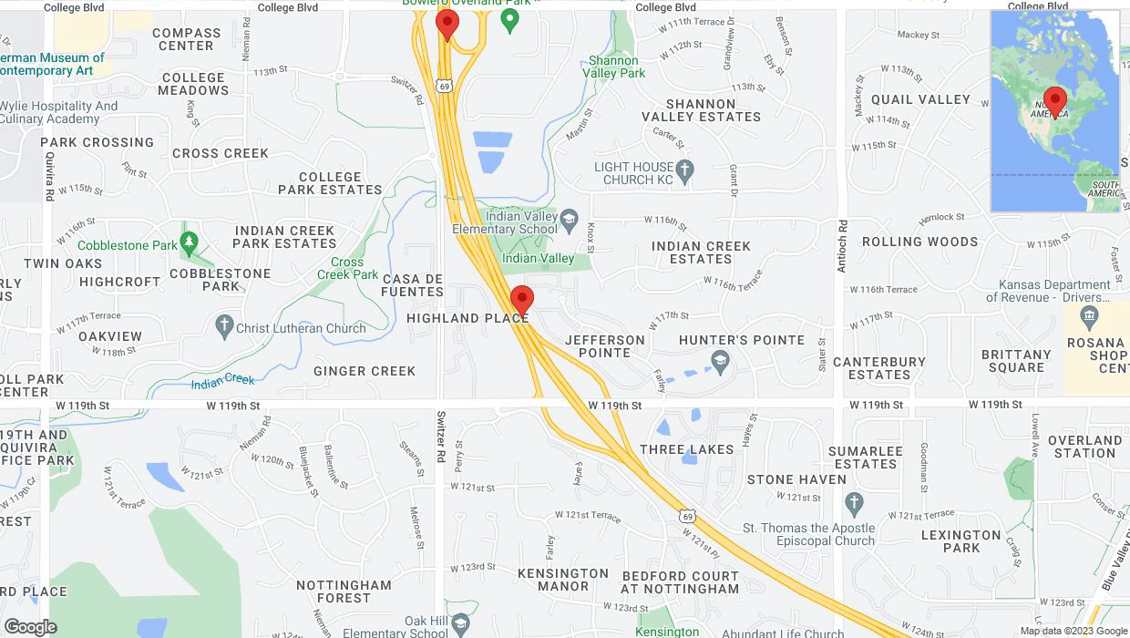 A detailed map that shows the affected road due to 'Lane on US-69 closed in Overland Park' on November 20th at 10:50 p.m.
