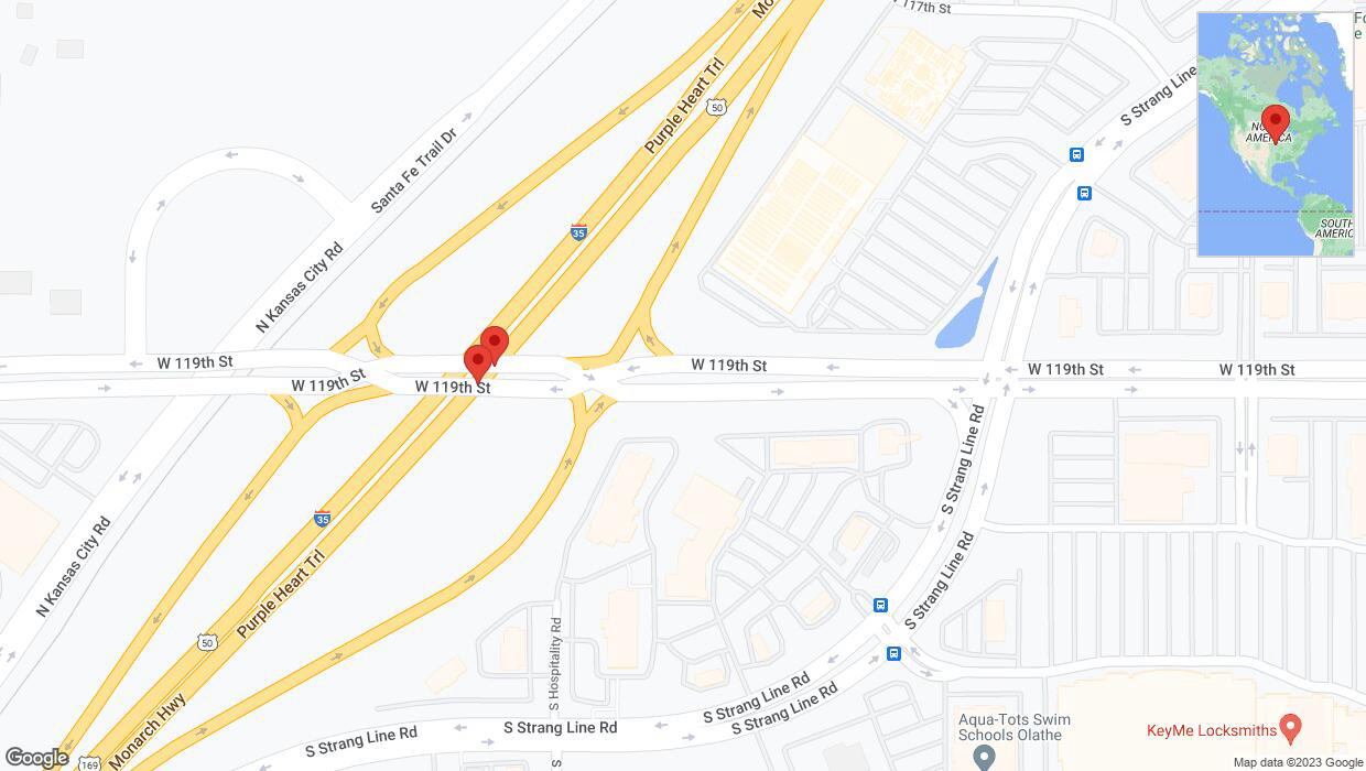 A detailed map that shows the affected road due to 'Broken down vehicle on eastbound I-35 in Olathe' on November 20th at 2:15 p.m.