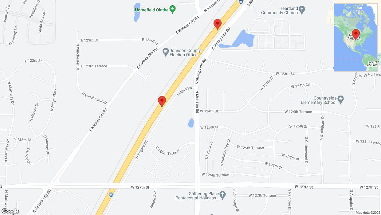 A detailed map that shows the affected road due to 'Broken down vehicle on eastbound I-35 in Olathe' on November 20th at 3:32 p.m.