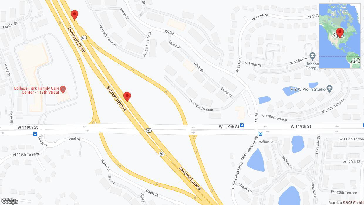 A detailed map that shows the affected road due to 'Broken down vehicle on northbound US-69 in Overland Park' on November 20th at 5:02 p.m.