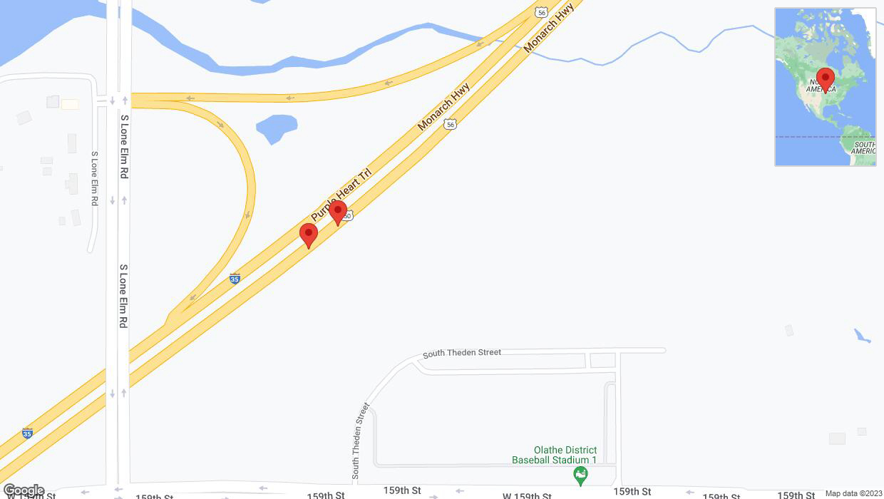 A detailed map that shows the affected road due to 'Broken down vehicle on eastbound I-35 in Olathe' on November 20th at 7:32 p.m.