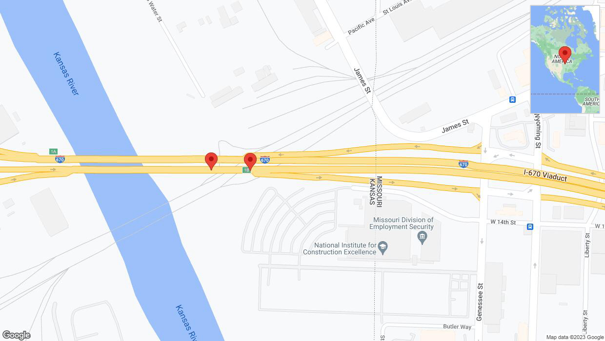 A detailed map that shows the affected road due to 'Broken down vehicle on eastbound I-670 in Kansas City' on November 20th at 10:08 p.m.