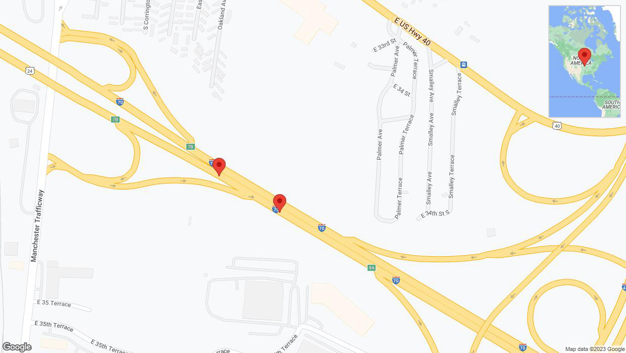 A detailed map that shows the affected road due to 'Crash reported on eastbound I-70 in Kansas City' on November 20th at 11:26 p.m.