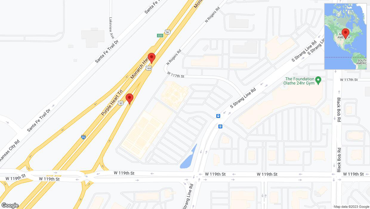 A detailed map that shows the affected road due to 'Broken down vehicle on South Strang Line Road in Olathe' on November 21st at 3:58 p.m.
