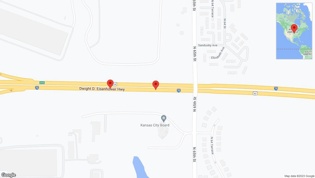 A detailed map that shows the affected road due to 'Broken down vehicle on eastbound I-70 in Kansas City' on November 21st at 1:18 p.m.