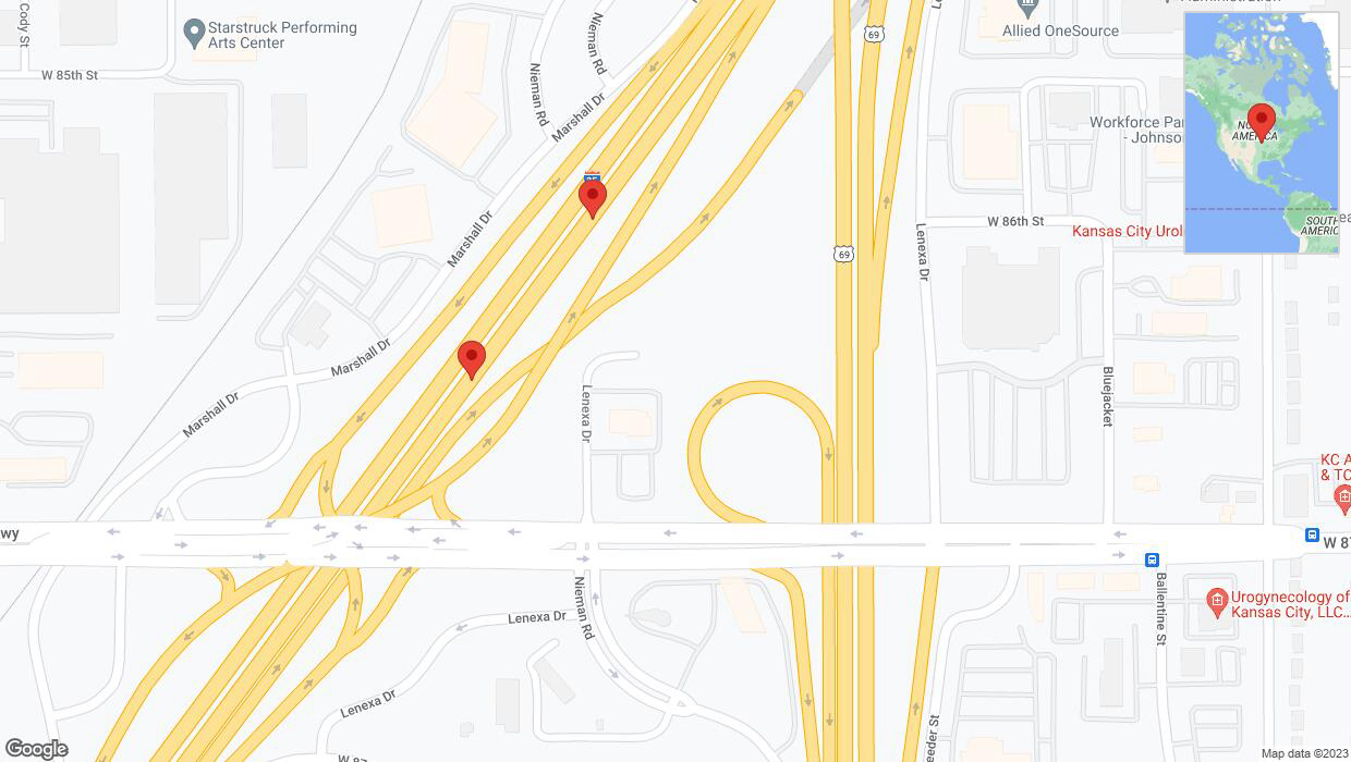 A detailed map that shows the affected road due to 'Broken down vehicle on eastbound I-35 in Lenexa' on November 21st at 2:36 p.m.