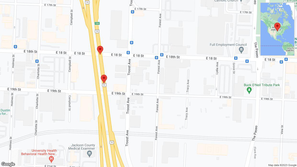 A detailed map that shows the affected road due to 'Broken down vehicle on northbound US-71 in Kansas City' on November 21st at 2:36 p.m.