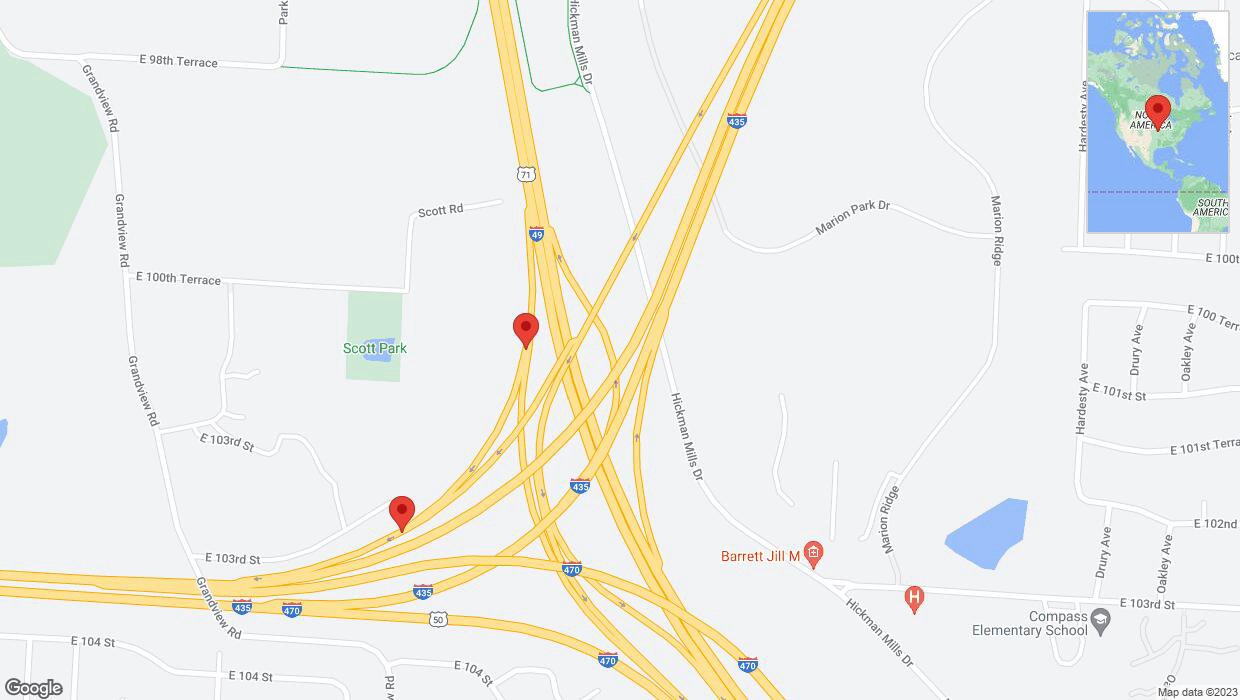A detailed map that shows the affected road due to 'Broken down vehicle on the U. S. Highway 71 in Kansas City' on November 21st at 4:46 p.m.