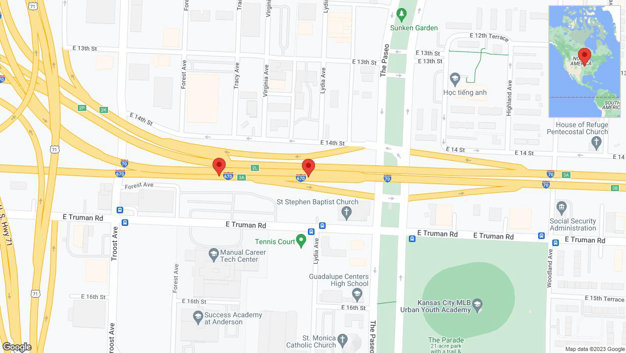 A detailed map that shows the affected road due to 'Broken down vehicle on eastbound I-670 East in Kansas City' on November 21st at 10:40 p.m.