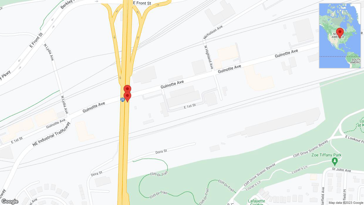 A detailed map that shows the affected road due to 'Broken down vehicle on northbound I-29/I-35 in Kansas City' on November 21st at 10:04 p.m.