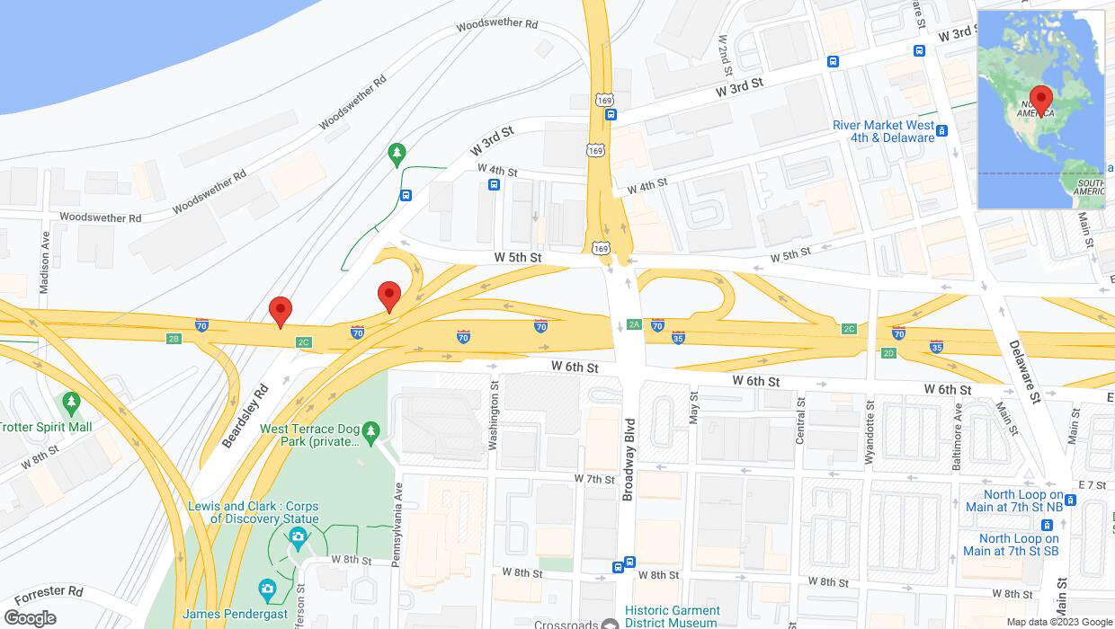 A detailed map that shows the affected road due to 'US-169 South: bridge closed between West Fifth Street and I-70 West' on November 22nd at 12:02 p.m.