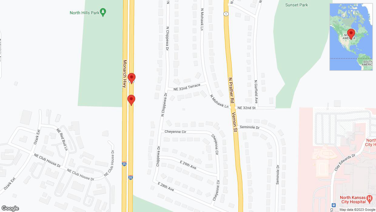 A detailed map that shows the affected road due to 'Broken down vehicle on northbound I-29/I-35 in Kansas City' on November 22nd at 12:26 p.m.