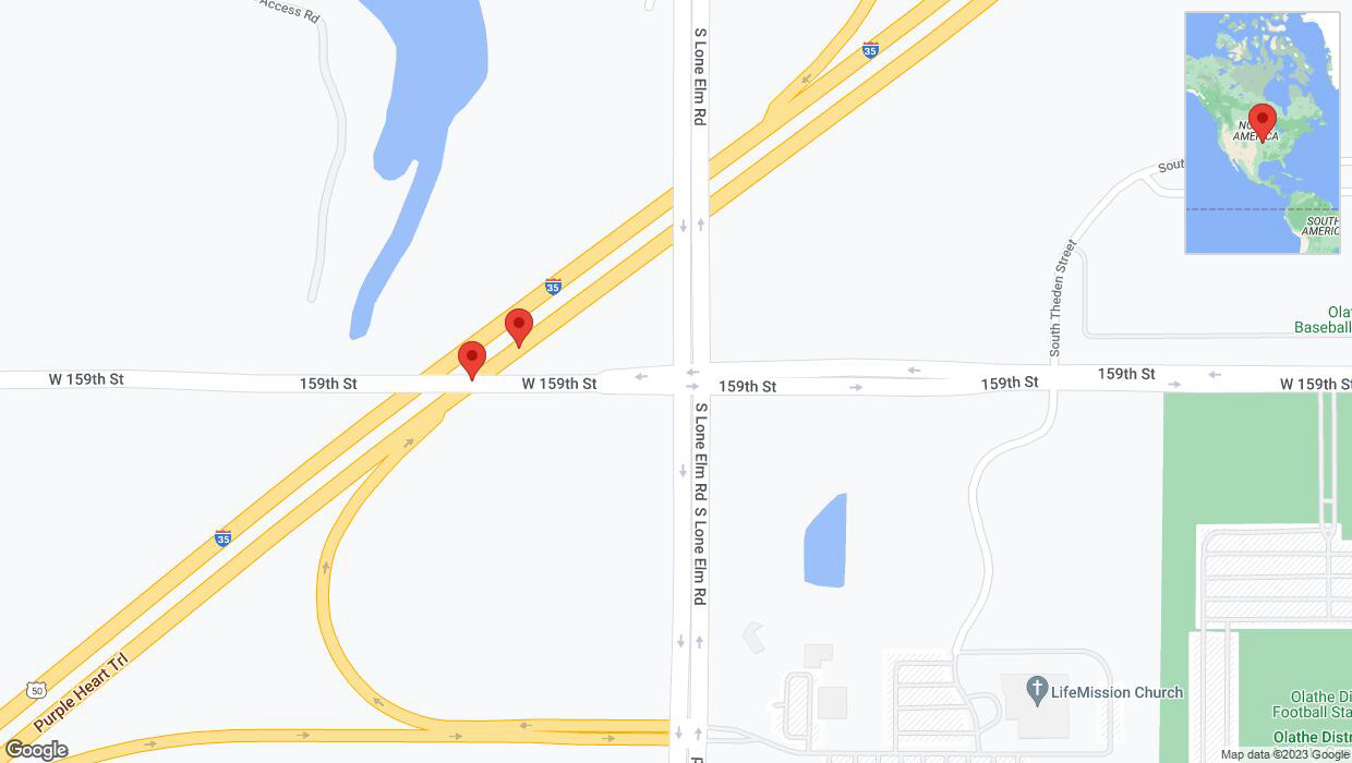 A detailed map that shows the affected road due to 'Broken down vehicle on eastbound I-35 in Olathe' on November 22nd at 1:44 p.m.