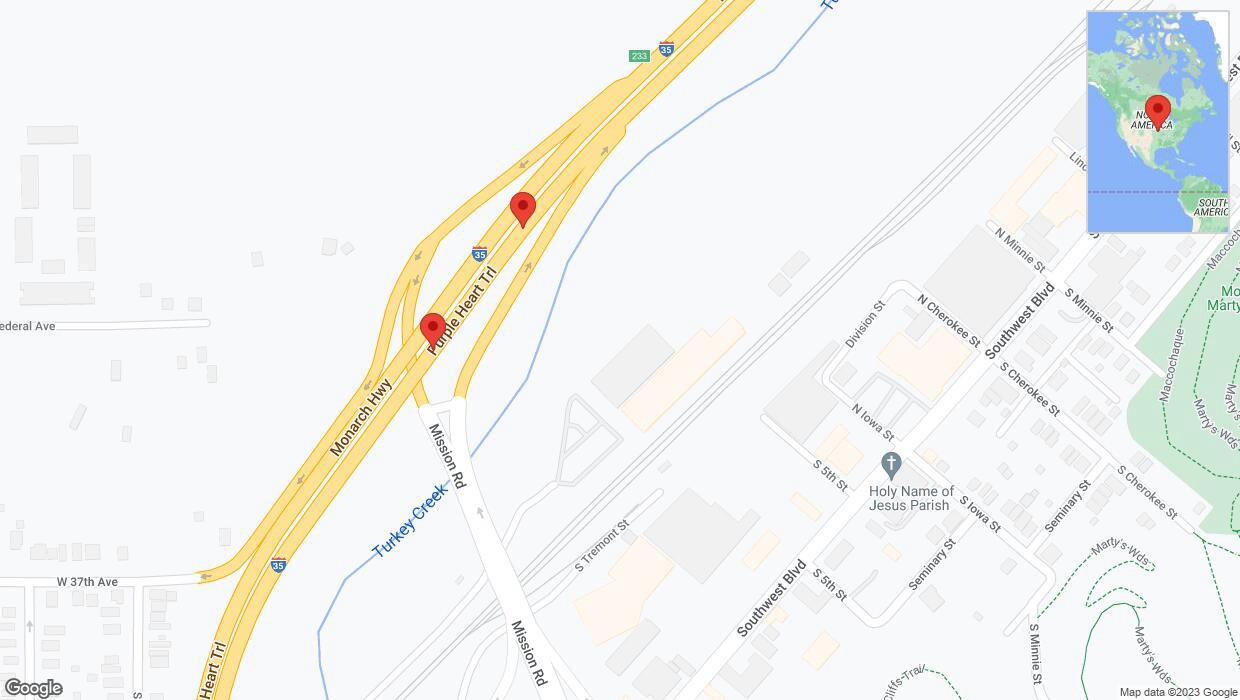 A detailed map that shows the affected road due to 'Broken down vehicle on northbound I-35 in Kansas City' on November 22nd at 3:12 p.m.