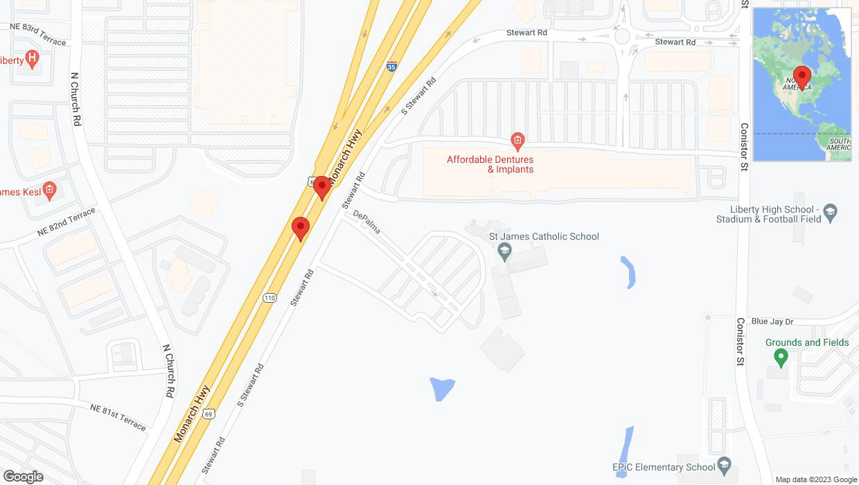 A detailed map that shows the affected road due to 'Warning: Crash on northbound I-35 in Liberty' on November 22nd at 3:06 p.m.