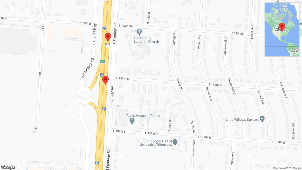A detailed map that shows the affected road due to 'Broken down vehicle on northbound I-40/US-71 in Grandview' on November 22nd at 6:05 p.m.
