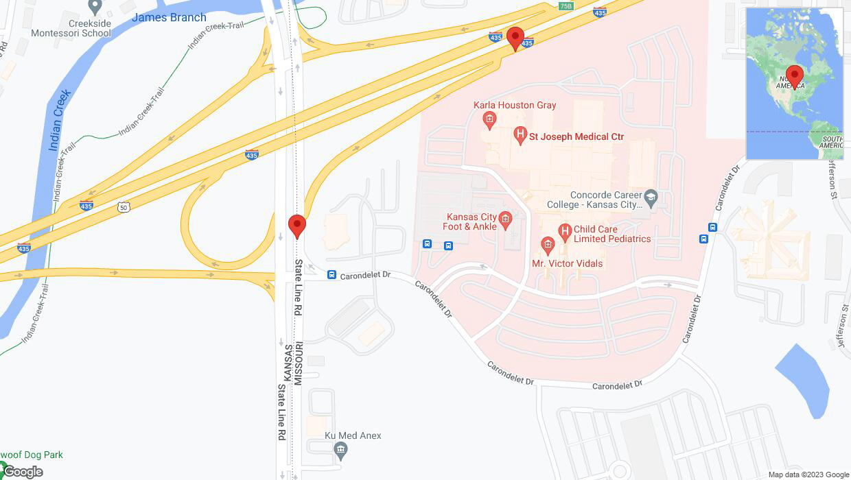 A detailed map that shows the affected road due to 'Broken down vehicle on Carondelet Drive in Kansas City' on November 22nd at 7:05 p.m.
