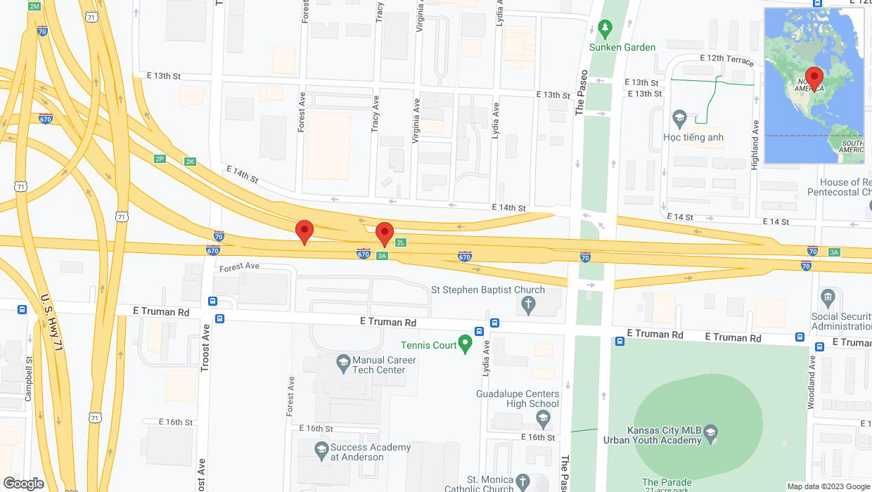 A detailed map that shows the affected road due to 'Broken down vehicle on eastbound I-70 in Kansas City' on November 22nd at 7:35 p.m.