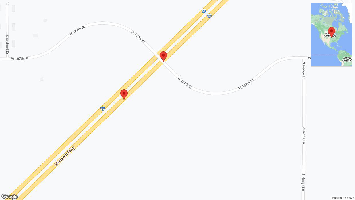 A detailed map that shows the affected road due to 'Broken down vehicle on eastbound I-35 in Gardner' on November 23rd at 12 p.m.