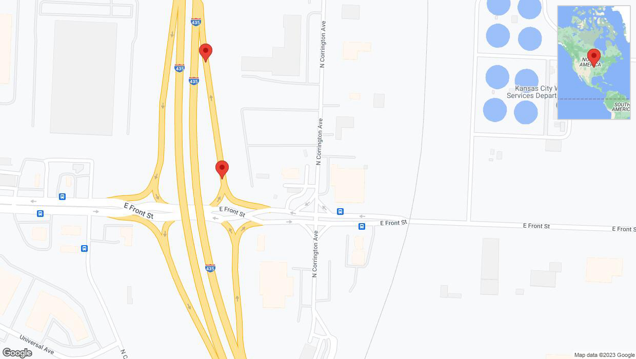 A detailed map that shows the affected road due to 'Broken down vehicle on East Front Street in Kansas City' on November 23rd at 12 p.m.