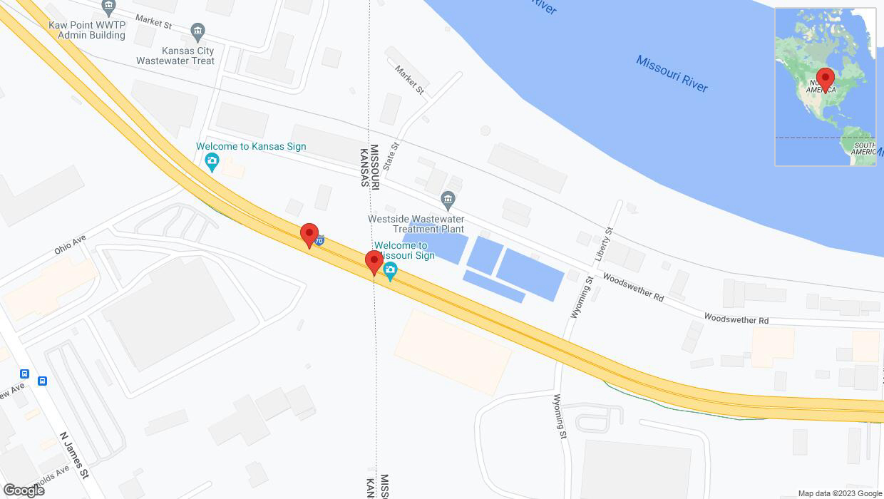 A detailed map that shows the affected road due to 'Broken down vehicle on eastbound I-70 in Kansas City' on November 23rd at 5:59 p.m.
