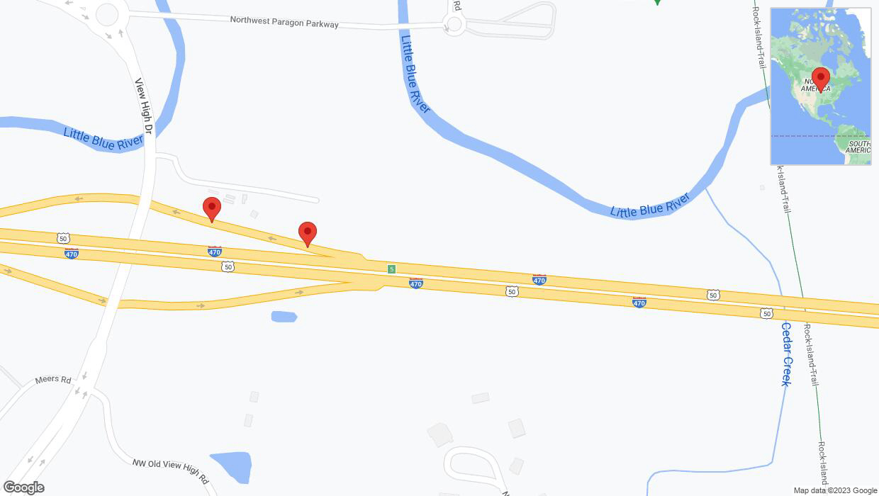 A detailed map that shows the affected road due to 'Broken down vehicle on View High Drive in Lee's Summit' on November 23rd at 6:23 p.m.