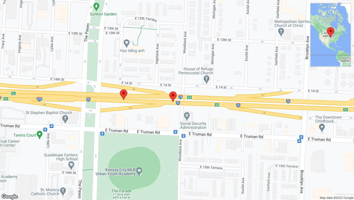 A detailed map that shows the affected road due to 'Broken down vehicle on eastbound I-70 in Kansas City' on November 23rd at 7:52 p.m.