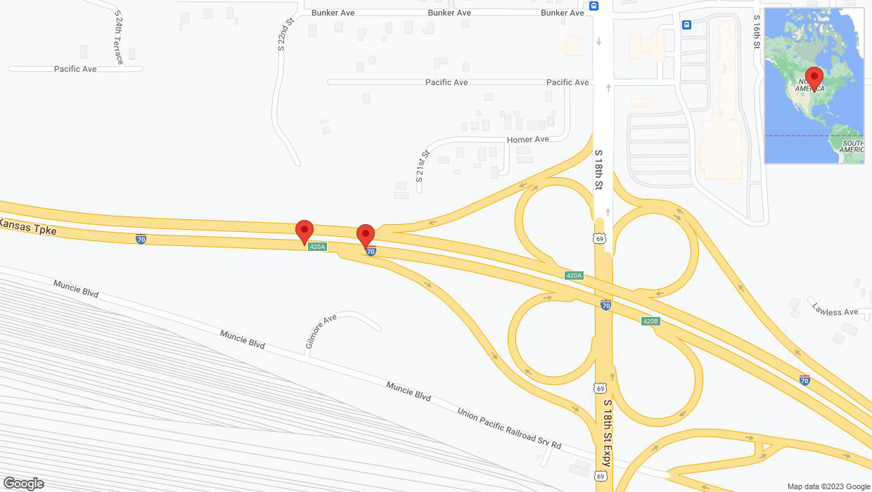 A detailed map that shows the affected road due to 'Broken down vehicle on eastbound I-70 in Kansas City' on November 23rd at 8:28 p.m.