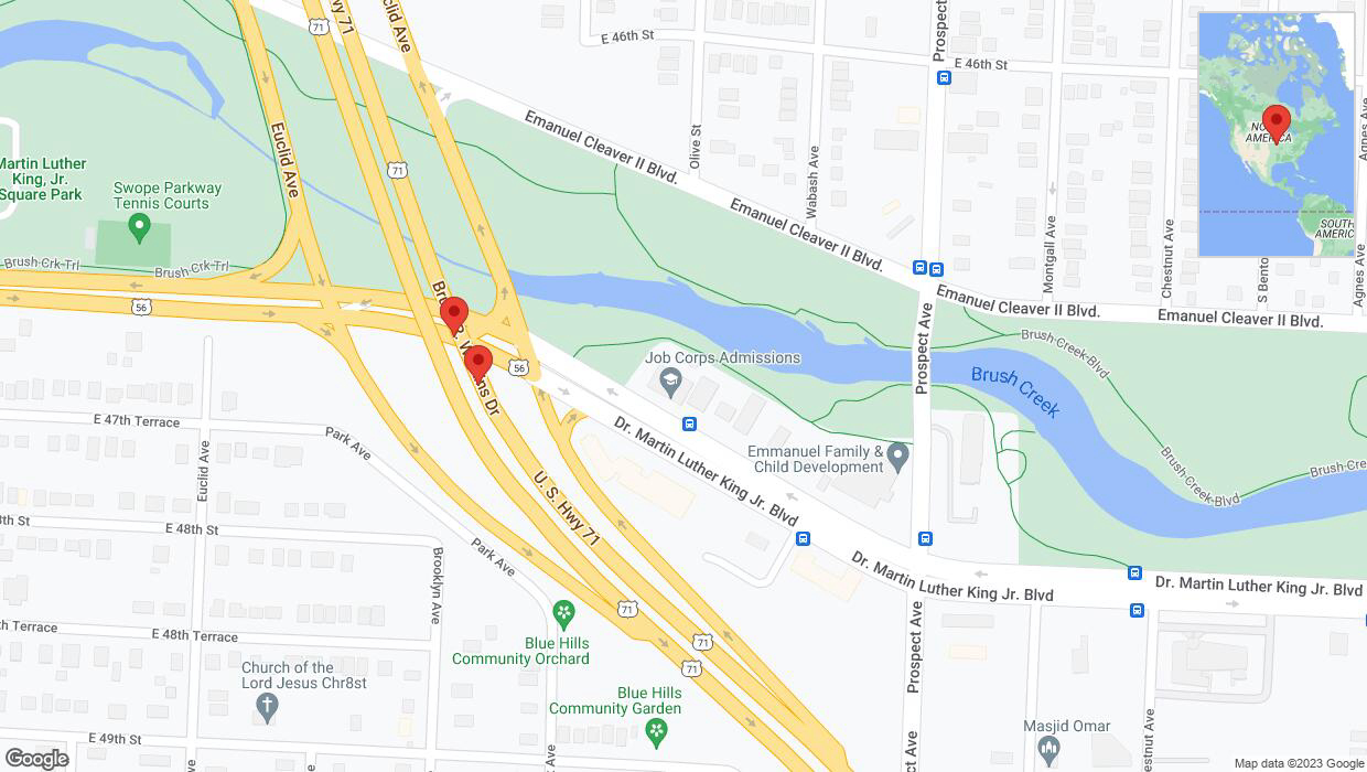 A detailed map that shows the affected road due to 'Broken down vehicle on northbound the Bruce R Watkins Expressway/US-71 in Kansas City' on November 23rd at 11:52 p.m.