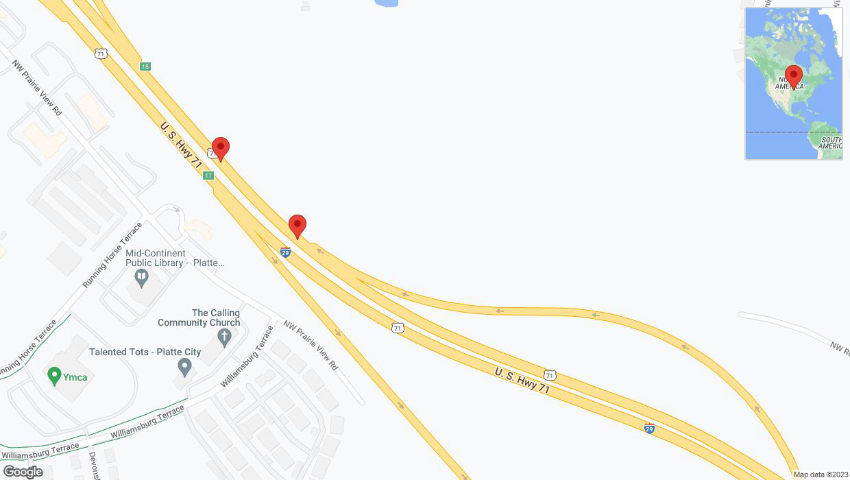 A detailed map that shows the affected road due to 'Broken down vehicle on northbound I-29 in Platte City' on November 25th at 1:16 p.m.