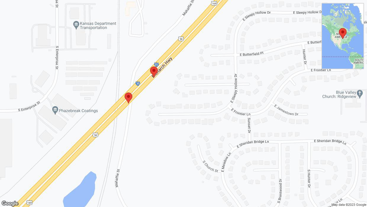 A detailed map that shows the affected road due to 'Warning: Crash on eastbound I-35 in Olathe' on November 25th at 6:19 p.m.