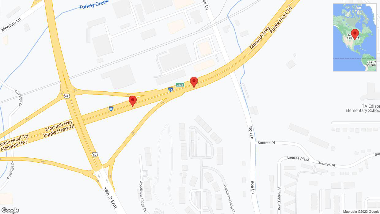 A detailed map that shows the affected road due to 'Broken down vehicle on northbound I-35 in Kansas City' on November 25th at 10:11 p.m.
