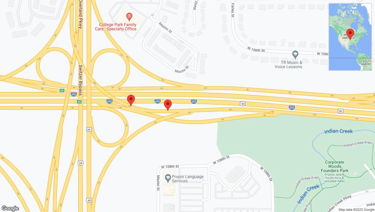 A detailed map that shows the affected road due to 'Crash reported on U.S. 50 in Overland Park' on November 25th at 9:50 p.m.
