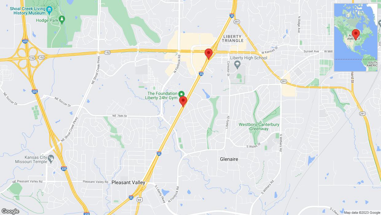 A detailed map that shows the affected road due to 'Warning in Kansas City: Crash reported on northbound I-35' on November 25th at 9:43 p.m.