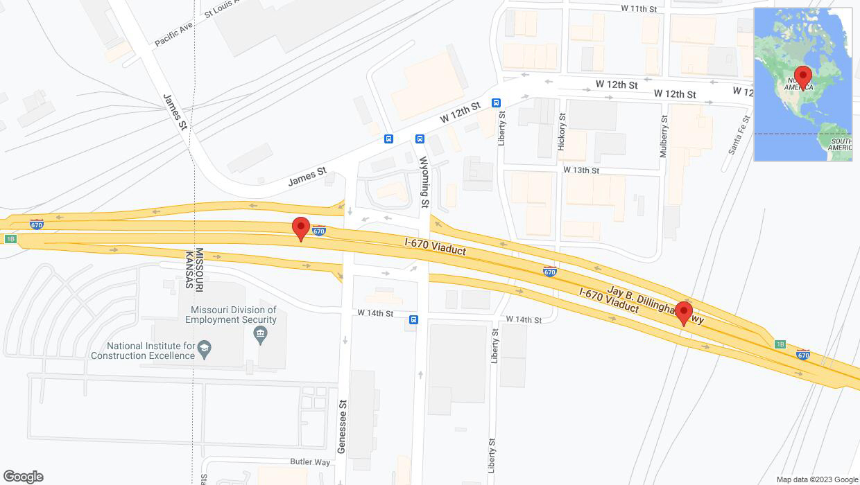 A detailed map that shows the affected road due to 'Broken down vehicle on eastbound I-670 in Kansas City' on November 25th at 10:25 p.m.