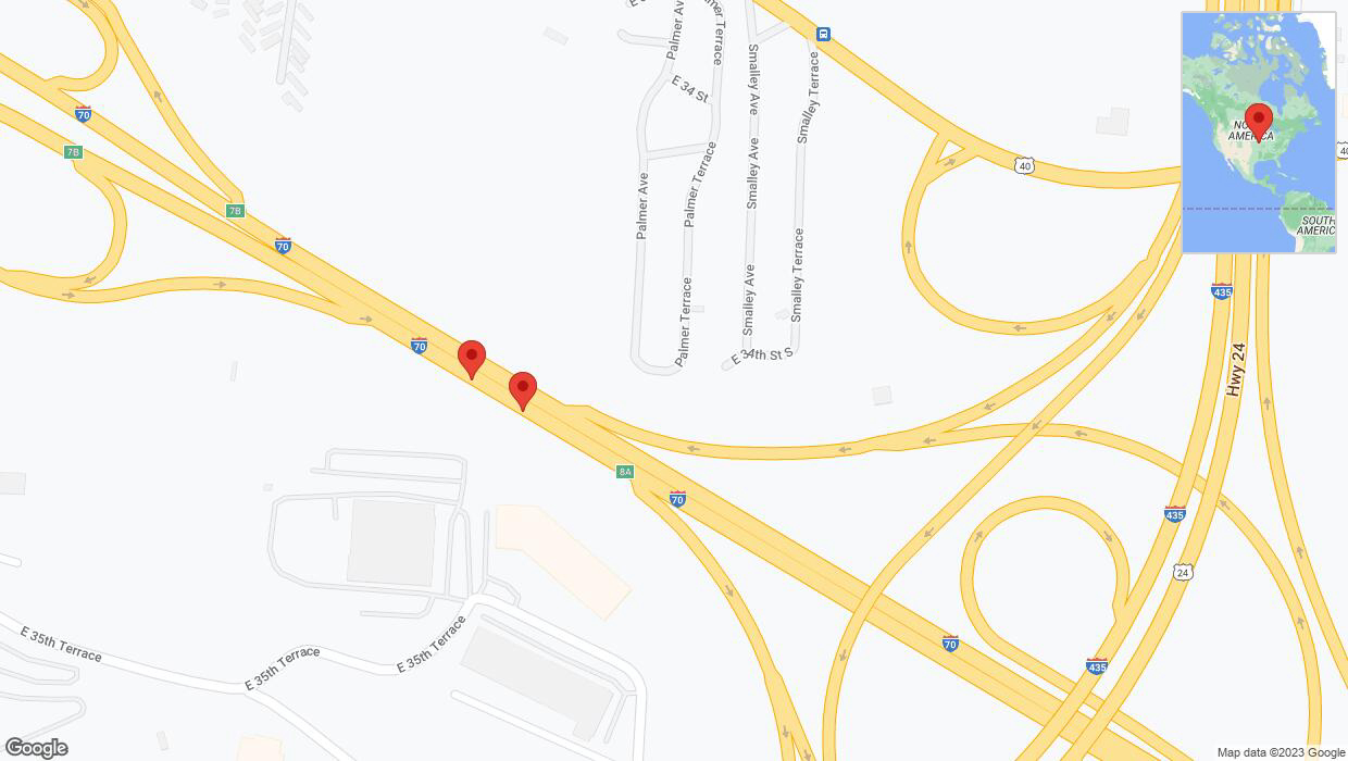 A detailed map that shows the affected road due to 'Crash reported on eastbound I-70 in Kansas City' on November 25th at 10:39 p.m.