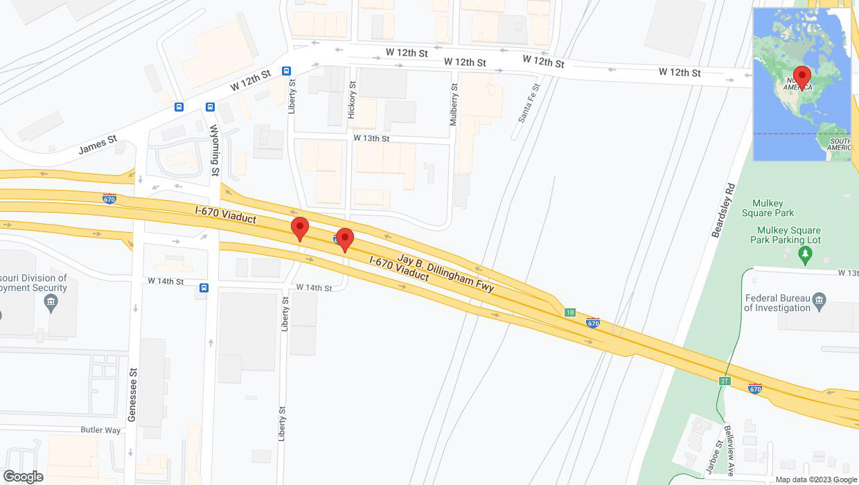 A detailed map that shows the affected road due to 'Warning: Crash on eastbound I-670 in Kansas City' on November 25th at 10:39 p.m.