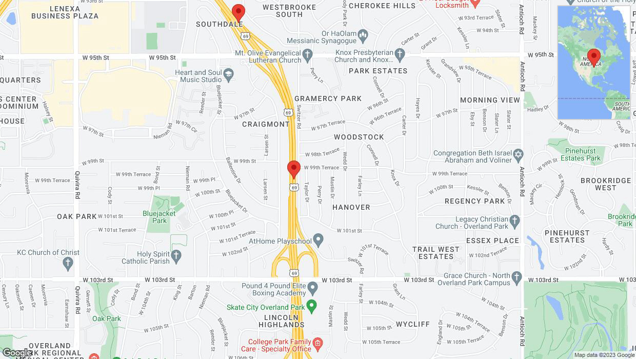 A detailed map that shows the affected road due to 'Warning: Crash on northbound US-69 in Overland Park' on November 25th at 10:46 p.m.